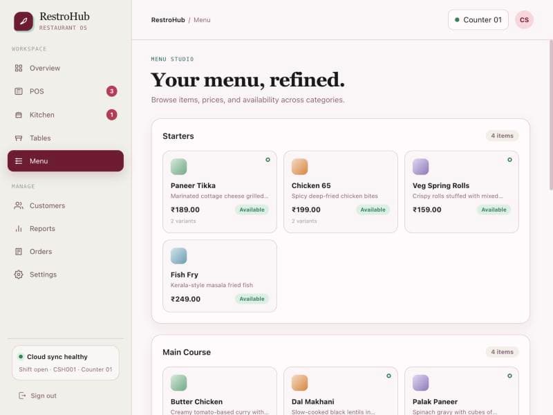 Menu management with item categories, pricing, and availability controls