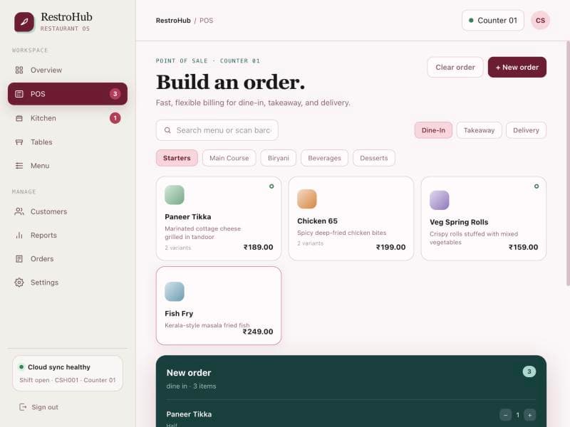 POS billing interface with menu grid, order builder, and dine-in/takeaway modes