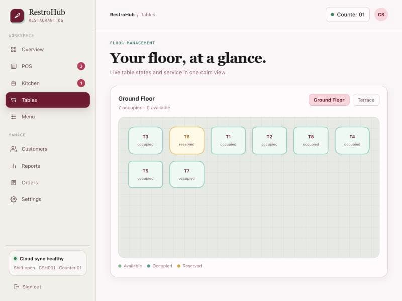 Floor plan with colour-coded table status showing occupied, available, and reserved tables
